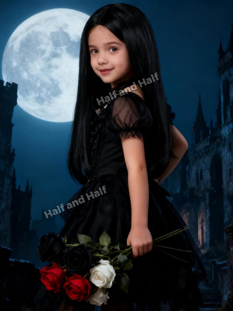 Half and Half Black Straight Middle Part Wig 23.6'' Long Black Witch Vam-pire Cosplay Wigs Gothic Mommy Costume Wigs for Halloween Party - Image 4